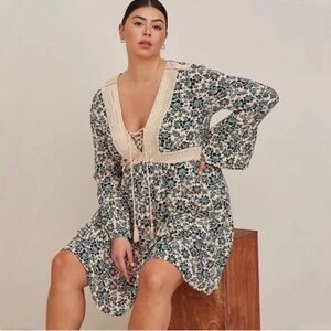 Torrid Gauze Crochet Babydoll Mini Dress Sz 2X V Neck Bell Sleeve Floral